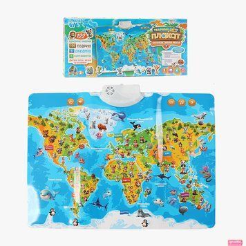 Інтерактивний плакат &laquo;Мапа світу&raquo; 97899 "WToys", ОЗВУЧУВАННЯ УКРАЇНСЬКОЮ МОВОЮ, назви тварин, океанів, континентів, &ldquo;екзамен&rdquo;, регулювання гучності, пісні, казки, цікаві факти,в коробці 136359 фото