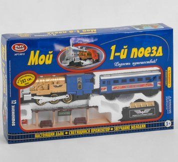 Железная дорога Мой 1-й поезд на батарейке, 12 элемента, дым, свет, звук, длина 282 см 0612 110642 фото